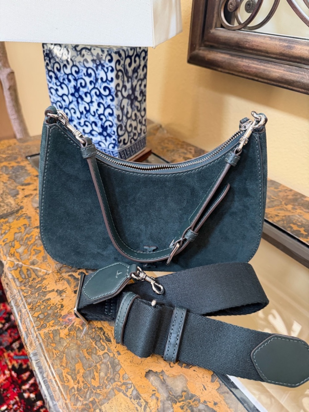 Tory Burch Dark Teal Suede Leather Hobo Small Shoulder Bag - Picture 4 of 8